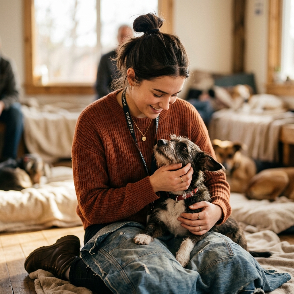 Voluntario con perrito rescatado